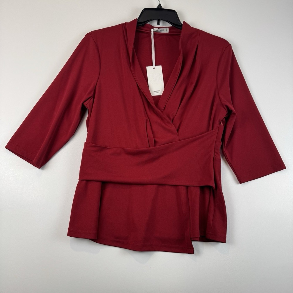 Grace Karin Womens Burgundy Red Surplice Wrap Peplum Top 3/4 Sleeve 2XL NEW